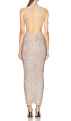 Cherine Dazzling Crystal Halter Ruched Maxi Gown