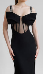 Ceylan Black Bow & Mesh Maxi Dress with Thigh Slit