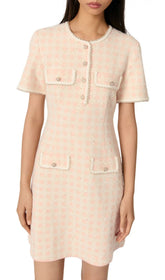 Rartingal Chic Tweed Knit Mini Dress with Pearl Trim & Ornate Buttons