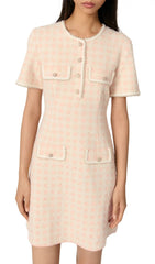 Rartingal Chic Tweed Knit Mini Dress with Pearl Trim & Ornate Buttons