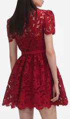 Gasha Vibrant Red Lace Belted Mini Dress