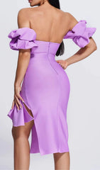 Lavish Lavender Off-Shoulder Midi Dress with Dramatic Puff Sleeves & High Slit