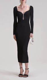 Glamorous Black Knitted Midi Dress with Dazzling Diamond Neckline