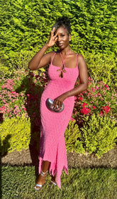 Bakwina Glamorous Pink Pearl Sequin Halter Maxi Dress