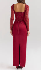 Cazzie Glamorous Red Lace Long Sleeve Corset Maxi Dress