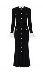 Chic Navy Ribbed Knit Button-Front Midi Dress