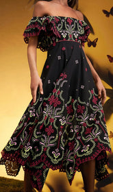 Bonnie Embroidered Ruffle Off-Shoulder Midi Dress