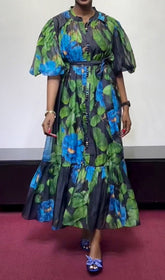 Vibrant Floral Button-Down Puff Sleeve Midi Dress