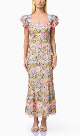 Elvio Whimsical Floral Embroidered Midi Dress