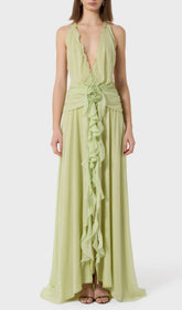 Florine Elegant Sage Green Halter Maxi Dress with Rose & Ruffles