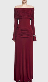 Stunning Gala Wine Off-Shoulder Ruched Maxi Dress