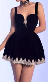 Eirene Black Lace & Crystal Embellished Mini Dress