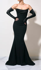 Deliz Black Strapless Draped Maxi Gown with Chic Arm Sleeves