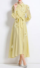Holly Yellow Floral Appliqu Long Sleeve Midi Dress
