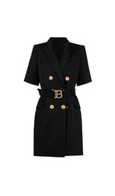 Elske Chic Black Short Sleeve Blazer Dress with Gold Buckle Belt