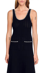 Chic Beaded Rib Knit Sleeveless Midi Dress with Pockets