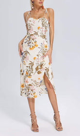 Flirtatious Floral Print Midi Dress with Strappy Accents
