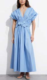 Darra Elegant Blue Floral Appliqu V-Neck Maxi Dress with Tie Sleeves