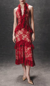 Eavan Elegant Red Lace Halter Peplum Midi Dress