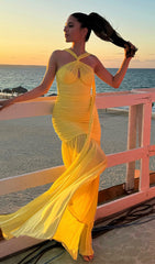 Radiant Bryony Yellow Halter Ruched Maxi Dress with High Slit