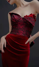 Chainey Wine Red Rose Embossed Velvet Strapless Maxi Gown