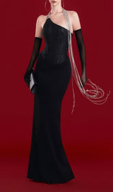 Josu Black Corset Diamond Chain One-Shoulder Bandage Maxi Gown