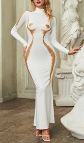 Ara White Gold Abstract Body Print Mock Neck Maxi Dress