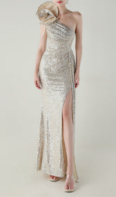 Ikia Silver Sequin One-Shoulder Maxi Dress