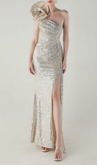 Ikia Silver Sequin One-Shoulder Maxi Dress