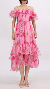 Effortless Chic Flora Pink Ruffle Floral Off-Shoulder Midi Dress