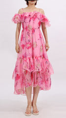 Effortless Chic Flora Pink Ruffle Floral Off-Shoulder Midi Dress