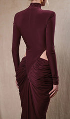 Jera Wine Elegant Cutout Ruched Maxi Dress