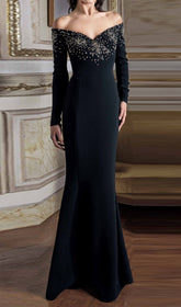 Denita Sparkle & Shine Black Crystal Off-Shoulder Maxi Gown