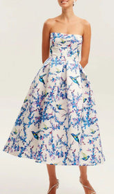 Elegant Hummingbird Floral Strapless A-Line Midi Dress