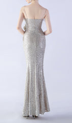 Dazzling Silver Sequin Feather Maxi Dress with High Slit & Rosette