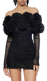 Bard Black Off-Shoulder Floral Ruffle Mesh Mini Dress