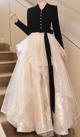 Chionia Luxe Black Velvet & Gold Shimmer Evening Gown