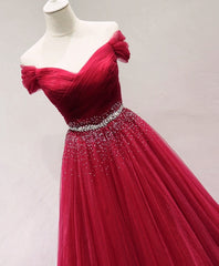 Beautiful Dark Red Tulle Off Shoulder Long Prom Dress