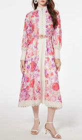 Jarl Elegant Pink Floral Long Sleeve Midi Dress