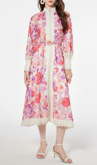 Jarl Elegant Pink Floral Long Sleeve Midi Dress