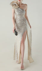 Ikia Silver Sequin One-Shoulder Maxi Dress