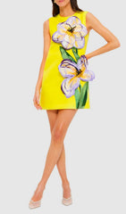 Evalyse Chic Lemon Yellow 3D Floral Mini Dress