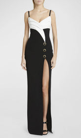 Elegant Black & White Tuxedo-Inspired Slit Maxi Dress