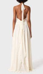 Elegant Ivory Halter Maxi Dress with 3D Floral & Ruffle Detail