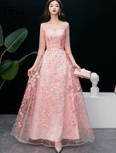 Precioso vestido de fiesta de encaje rosa con escote redondo y corte A