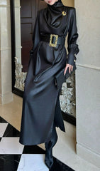 Imad Black Elegant Long Sleeve Belted Maxi Dress