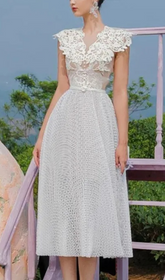 Arnost Effortless Elegance White Floral Lace Midi Dress