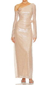 Cisne Sparkling Sequin One-Shoulder Maxi Gown with 3D Flowers