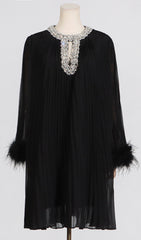 Dazzling Sky Blue Pleated Mini Dress with Feather Cuffs & Crystal Neckline