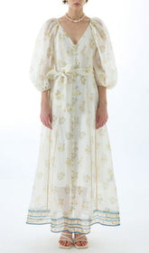 Jacobo Floral Puff Sleeve V-Neck Maxi Dress